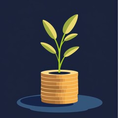 A vibrant green plant growing from a stack of gold coins, symbolizing wealth and growth.