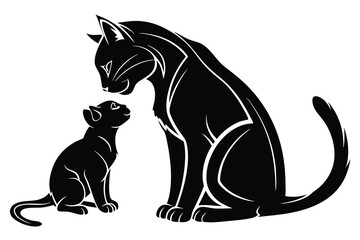 A black color line art Illustration of a silhouette A cat  with   kitten vector on a white background