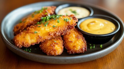 Delicious fried chicken tenders served with dipping sauces on a plate