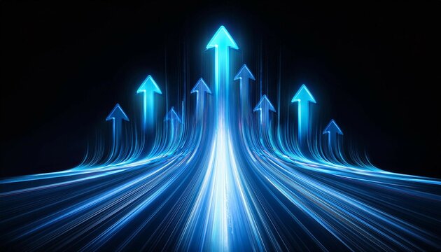 up blue light arrows and speed lines on black background copy space composition growth competition technology concept