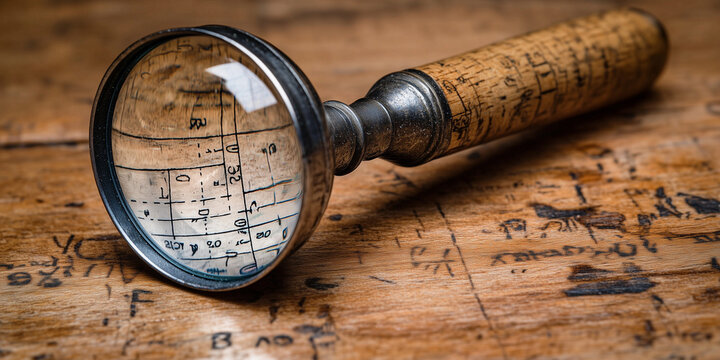 A vintage-style magnifying glass with a detailed map pattern on a wooden surface, evoking a sense of exploration.