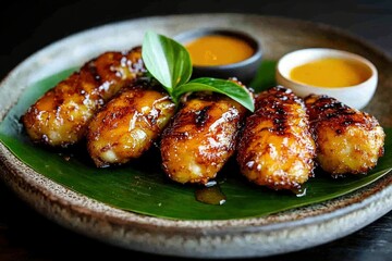 Delicious grilled skewers served with vibrant dipping sauces