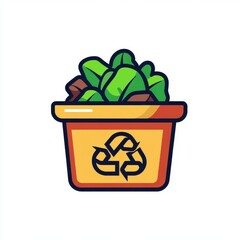 Colorful cartoon-style recycling bin filled with green waste and garden debris.
