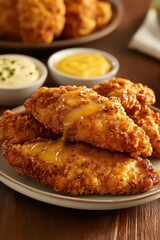 Crispy fried chicken tenders drizzled with honey on a wooden table