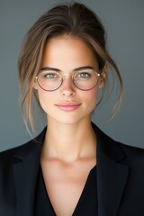 Fototapeta premium Young woman wearing glasses poses confidently with a stylish look