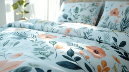 Floral bedding with peach and green flowers on white background, sunlight.