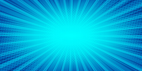 Blue comic radial background with dots and rays. Abstract gradient with dotted halftone effects and dynamic light beams. Perfect for banners, posters, dynamic design projects © Svetlana
