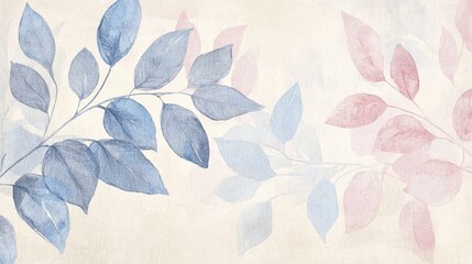 Soft watercolor botanical arrangement with blue and pink leaves on a natural textured cream background