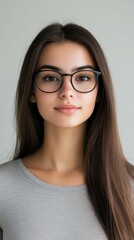 Obraz premium Young woman with long hair and glasses poses for a casual portrait indoors