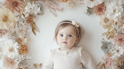 Fototapeta premium Adorable baby girl lying on white background surrounded by pastel flowers.