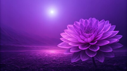 Purple lotus flower, mystical landscape, shimmering water surface, vibrant purple background, glowing sun, spiritual ambiance, ethereal light, reflective water, surreal scene, digital art, fantasy ill