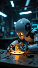 Fototapeta premium A humanoid robot with glowing eyes examining its own disassembled components on a workbench, set in an industrial workshop environment.