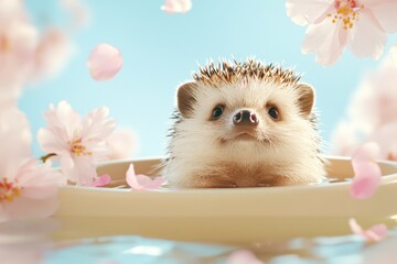 Small hedgehog enjoying a serene spa-like experience in a bowl filled with water and delicate flower petals