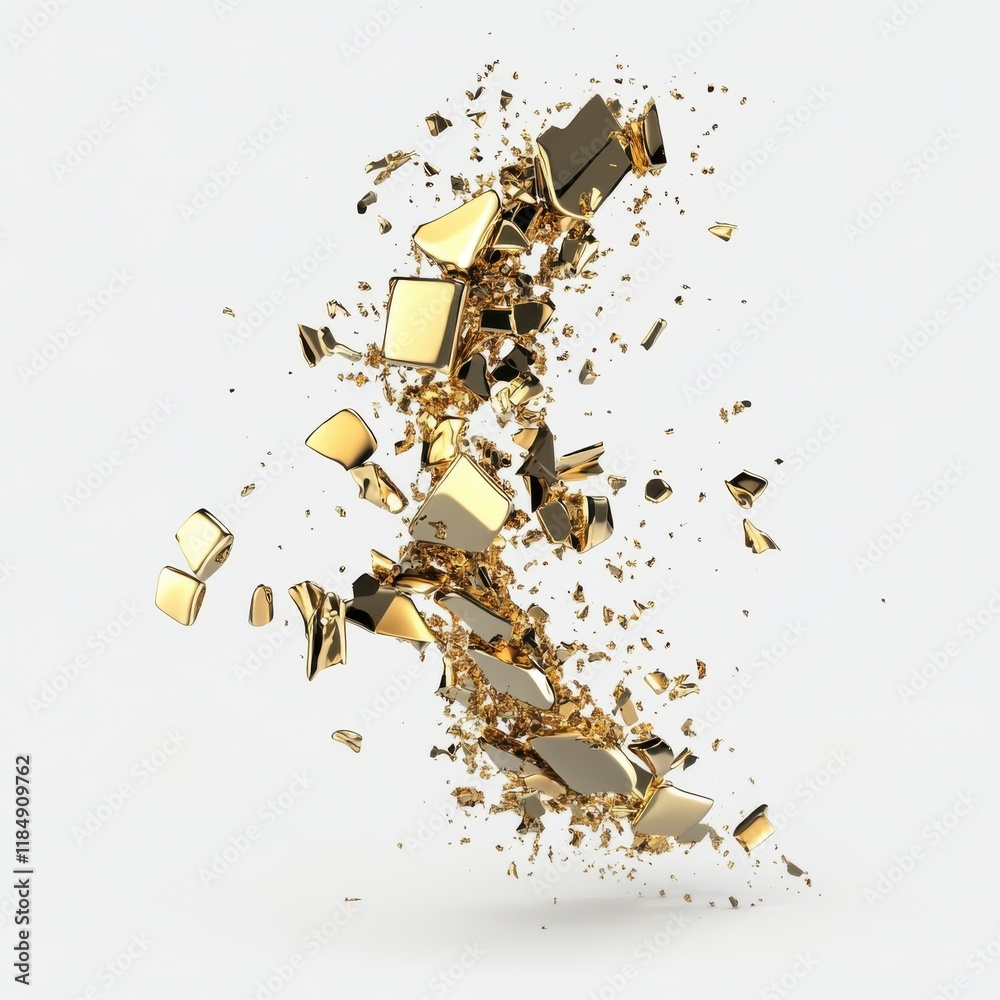 Poster dynamic explosion of golden shards creating an abstract, futuristic visual.