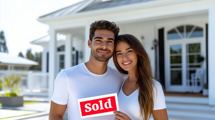 Young couple smiling with sold sign outside their purchased house. Happy couple holding sold sign in front of their new home.