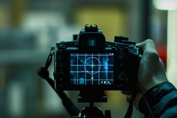 Photographer composing a photo using the grid displayed on the lcd screen of a professional dslr camera