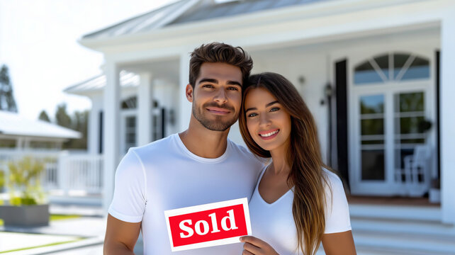 Young couple smiling with sold sign outside their purchased house. Happy couple holding sold sign in front of their new home.