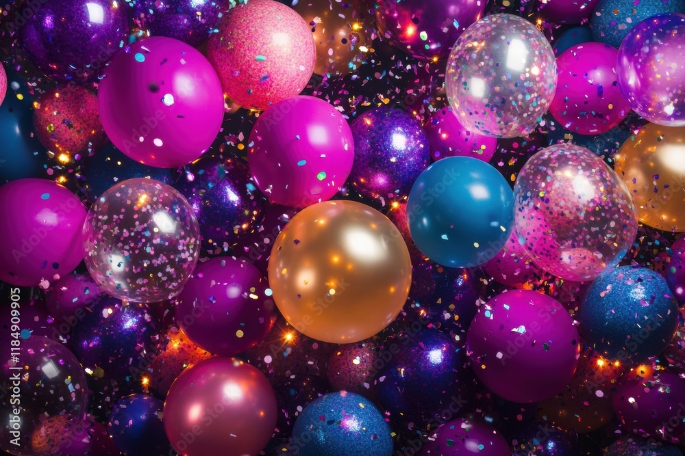 Aufkleber colorful balloons and confetti create a vibrant backdrop for festive celebrations and joyful gatheri