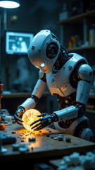 Fototapeta premium A robot with human-like features inspecting an object closely.