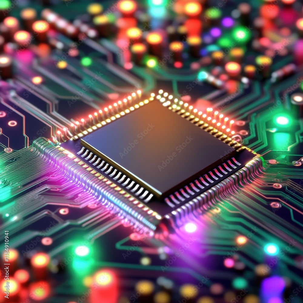 Poster close-up view of a microchip on a circuit board with colorful led lights illuminating the technology