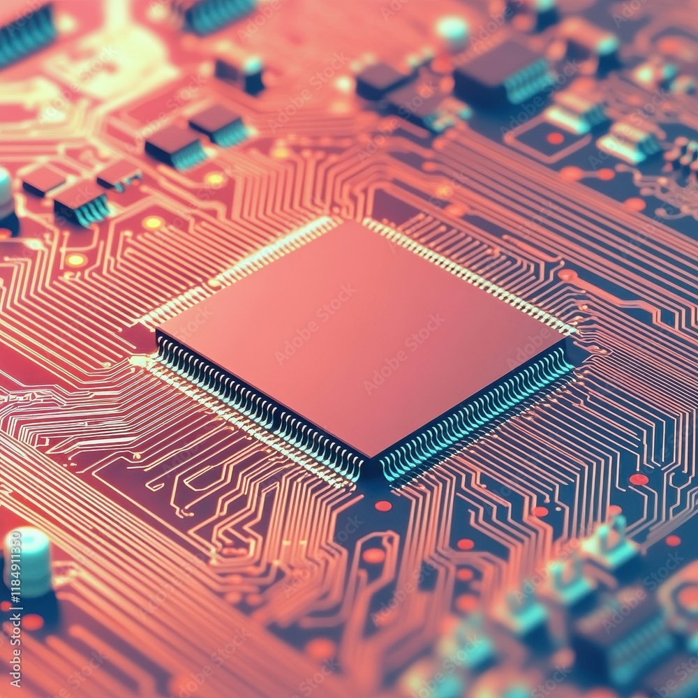 Poster close-up of a microchip on a vibrant circuit board with intricate patterns and glowing lines.