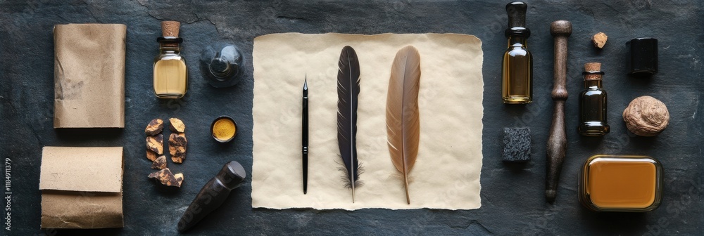 Aufkleber exploring traditional calligraphy tools including quills, ink, and parchment paper on a rustic table