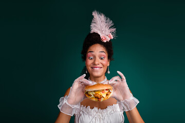 Photo of funny funky lady in rococo style hold want eat cheeseburger diverse life comparison...