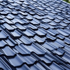 Close-up of a modern dark blue metal roof, showcasing prominent wavy textures and shiny surfaces.