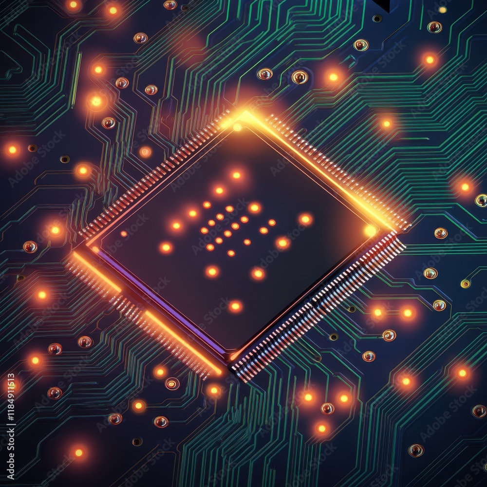 Poster close-up of a glowing microchip on a circuit board, showcasing intricate patterns and technology.
