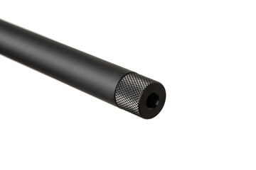 Close-up of the black, threaded barrel end of a small-caliber sporting rifle, isolated on a white background