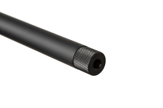 Close-up of the black, threaded barrel end of a small-caliber sporting rifle, isolated on a white background