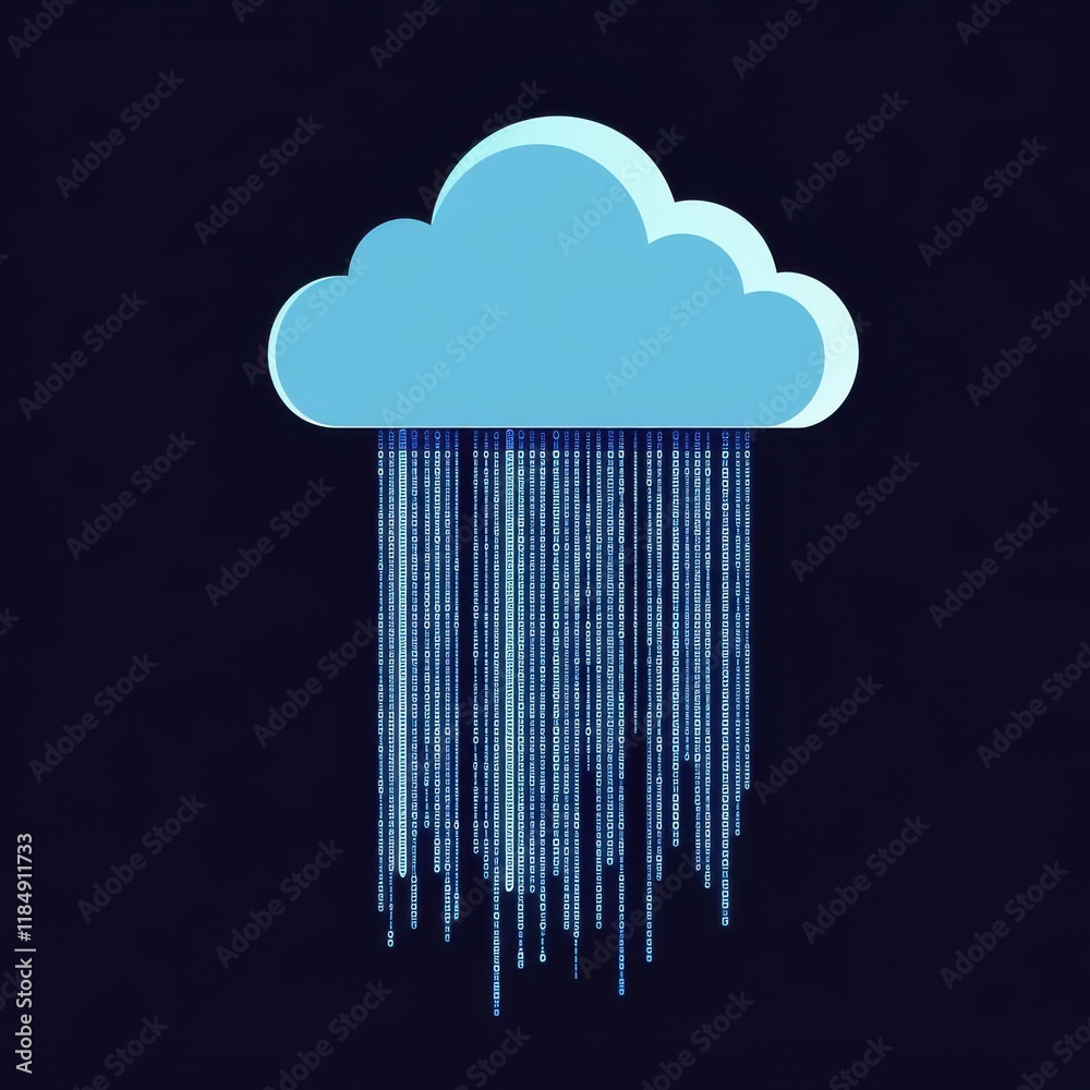 Poster a stylized blue cloud raining down streams of binary code, symbolizing digital data flow and cloud c