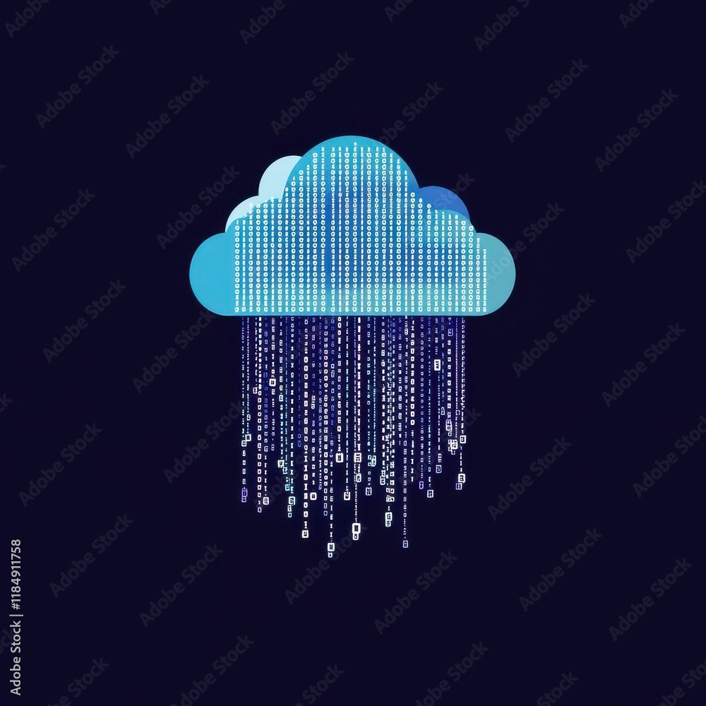 Poster digital cloud with binary rain and padlocks, representing cybersecurity and data protection.