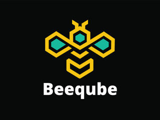 Beeqube Logo with Abstract Bee Design on Black Background. Minimalist Beeqube Logo. Bee Logo Design.