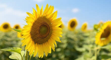 Obraz premium Vibrant yellow sunflower in a lush green field under clear blue sky