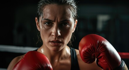 Determined young hispanic female boxer in boxing ring with red gloves
