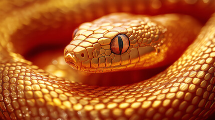 Obraz premium A gold coloured snake with a black eye is curled up on the ground