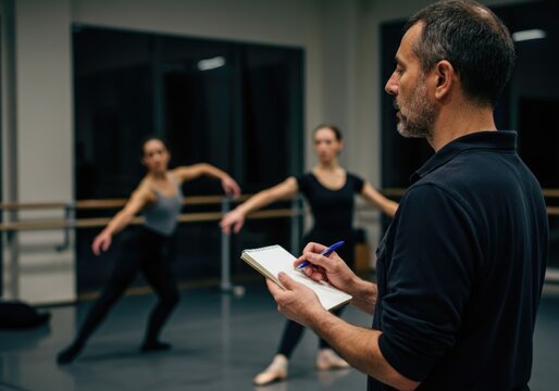 Male instructor observes female dancers in studio ballet practice - Powered by Adobe