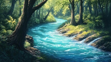 Serene forest stream flowing through lush green trees and rocky banks, sunlit.