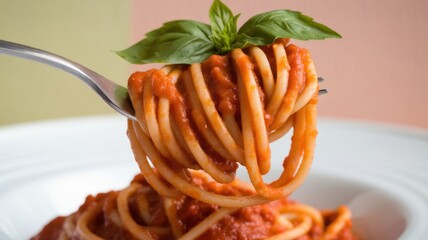 A close-up of al dente spaghetti twirled on a fork, topped with rich tomato sauce and a fresh basil leaf, evoking a delicious Italian meal.
