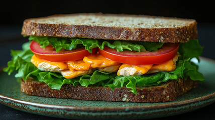Chicken salad sandwich with lettuce and tomato, sitting on an emerald green plate. The bread is thickly sliced whole grain. Healthy homemade diet food. 