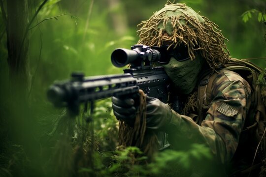 Soldier wearing camouflage ghillie suit and aiming with sniper rifle in dense forest