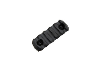 A black Picatinny rail section with two mounting screws, isolated on a white background