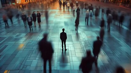 Man stands still in the middle of a crowded street while people walk past him in a timelapse effect. Concept of isolation and feeling lonely in the chaos of city life. - Powered by Adobe