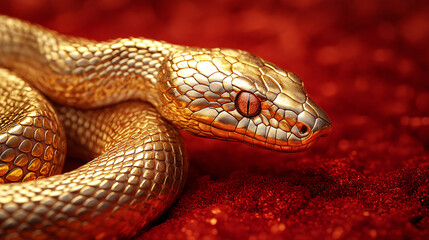 Fototapeta premium A gold coloured snake is laying on a red background