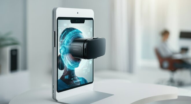 Virtual reality headset on tablet display in modern office setting - Powered by Adobe