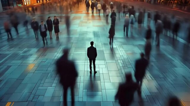 Man stands still in the middle of a crowded street while people walk past him in a timelapse effect. Concept of isolation and feeling lonely in the chaos of city life.