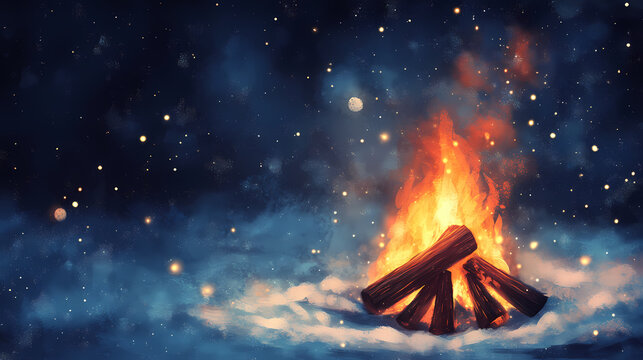 Fire on the snowy winter night. textured background. Firestone. Illustration