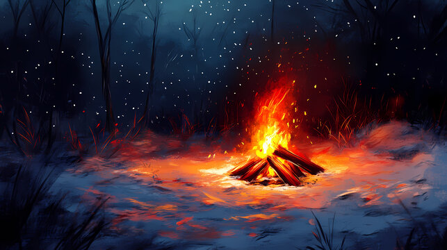 Fire on the snowy winter night. textured background. Firestone. Illustration
