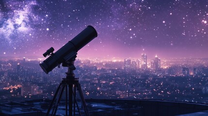 A telescope set against a starry night sky overlooking a vibrant city skyline.